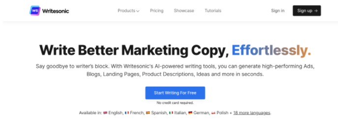  
 Writesonic is an AI-powered marketing tool designed to help you create products descriptions, blog posts, advertising copy, landing pages, and a lot more. 